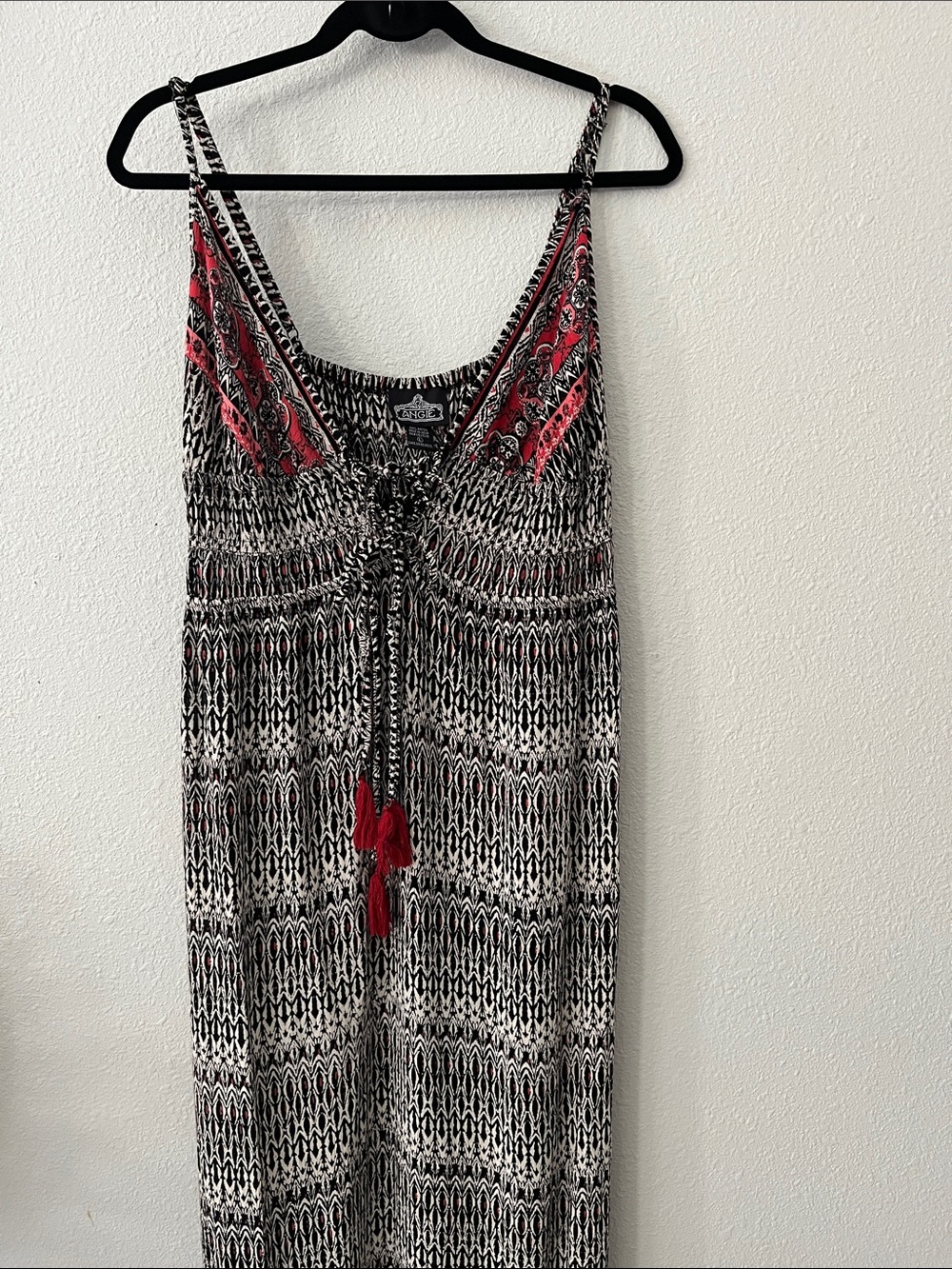 Angie Maxi Dress Black, White & Red Printed  with Tie Tassels Detail
SZ L